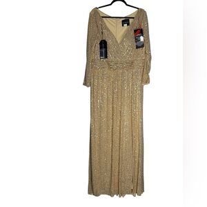 Dylan & Davids Long Sleeve Sequin Formal Hand Beaded Dress Gold Womens 16 NEW